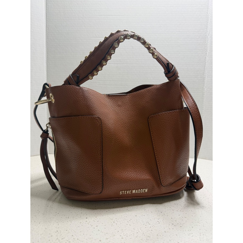Steve Madden Cognac Brown Pebbled Vegan Leather Studded Handle Crossbody Bag